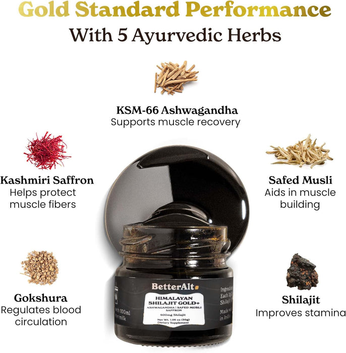 BetterAlt Shilajit Gold+ Resin Jar with Gold Scoop – Ayurvedic Vitality Supplement 600mg
