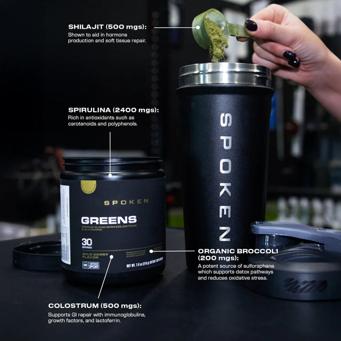 Spoken Nutrition Greens powder displayed in an active wellness setting – daily greens supplement for immunity, recovery, and overall health. 30 Servings