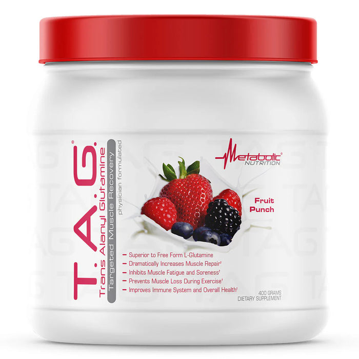 Metabolic Nutrition T.A.G. Bottle Front Fruit Punch – Trans-Alanyl-Glutamine Formula for Muscle Recovery, Endurance & Hydration | TigerFitness