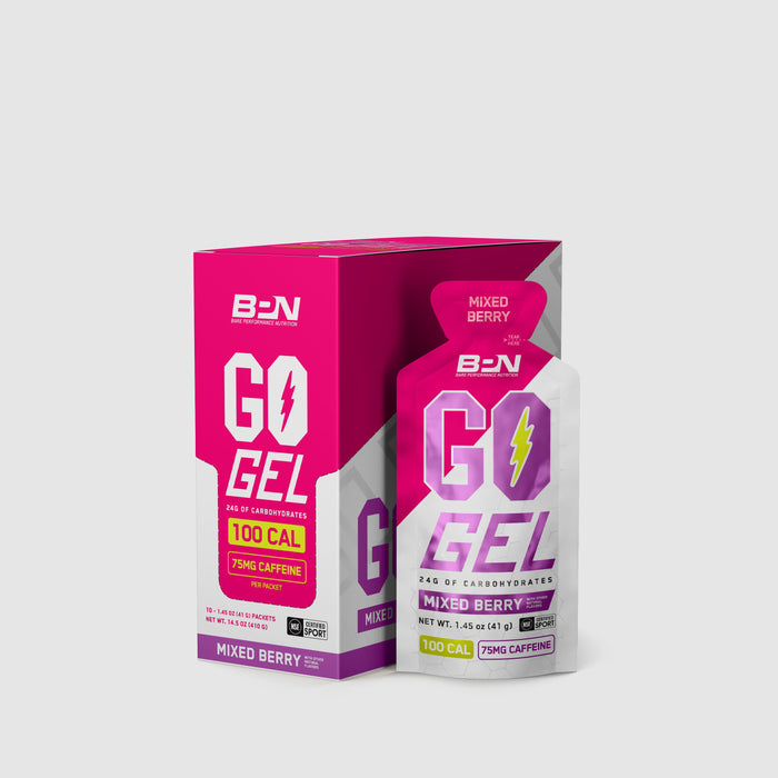 BPN Go Gels CAF Mixed Berry caffeinated endurance fuel gels, box of 10