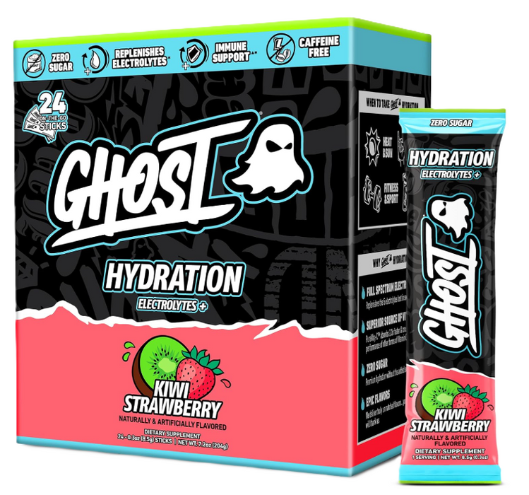 GHOST Hydration Sticks, 24 Electrolyte Powder Packets Kiwi Strawberry
