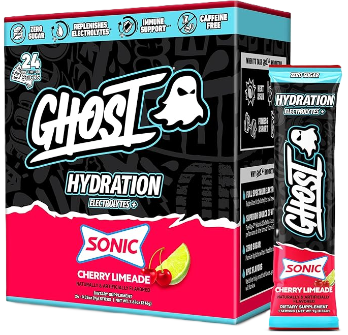GHOST Hydration Sticks, 24 Electrolyte Powder Packets Cherry Limeade
