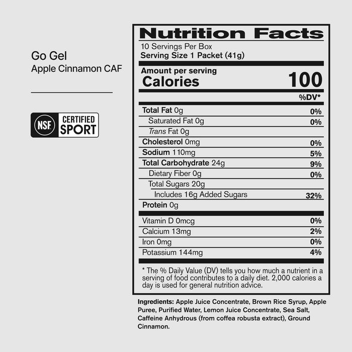 BPN Go Gels CAF Apple Cinnamon nutrition facts panel and ingredients