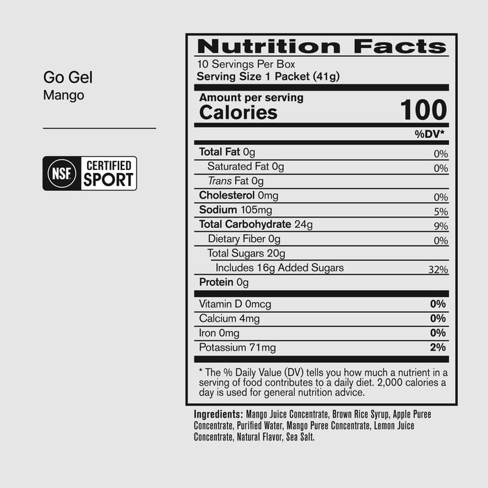 BPN Go Gels Mango nutrition facts panel and ingredients