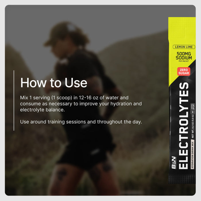 How to use BPN Electrolytes Go Packs, one packet in 16 to 20 oz of water