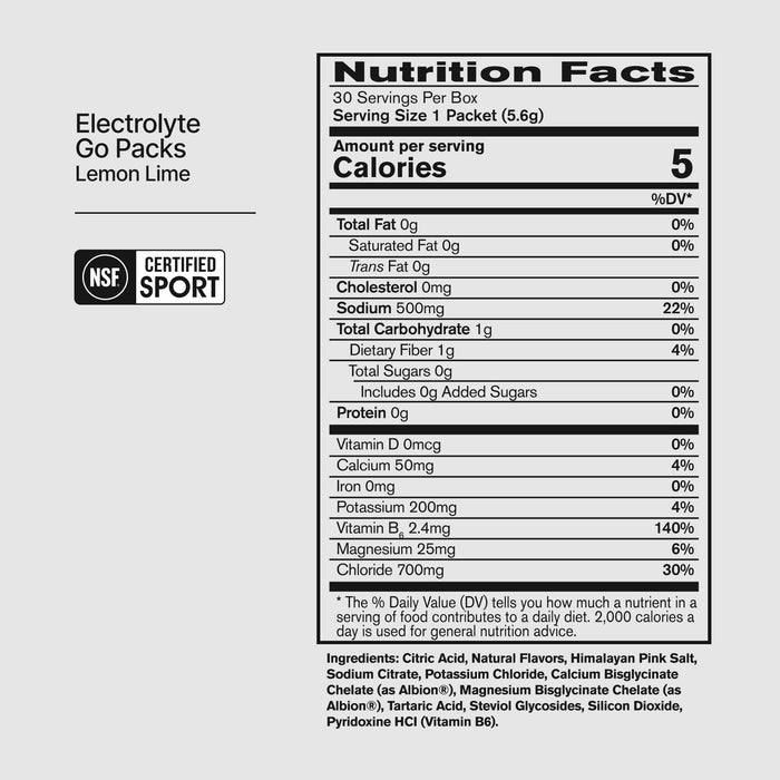 BPN Electrolytes Go Packs Lemon Lime supplement facts panel and ingredients