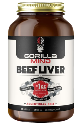 Gorilla Mind Beef Liver grass-fed beef liver capsules highlighting high quality ingredients, 180 capsules, and once daily serving.