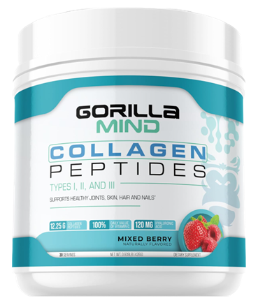 Gorilla Mind Collagen Peptides Mixed Berry premium hydrolyzed collagen powder container for convenient daily hair, skin, nail, and joint support.