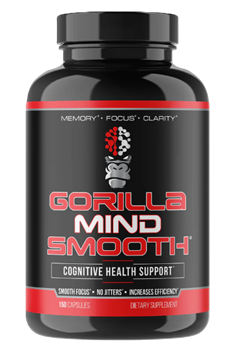 Gorilla Mind Smooth cognitive health supplement bottle featuring a stimulant-free nootropic formula to support focus, memory, and mental clarity.