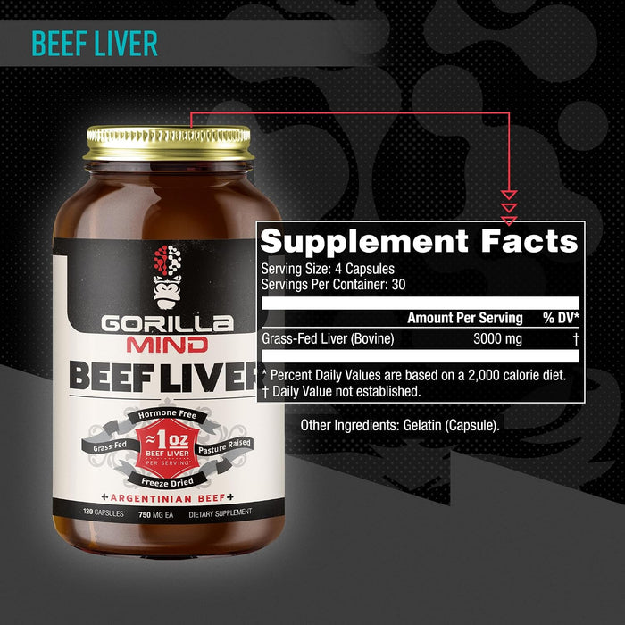 Gorilla Mind Beef Liver supplement facts panel showing serving size, ingredient information, and nutrition label.