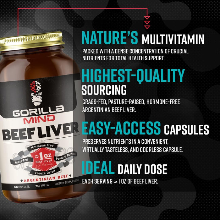 Gorilla Mind Beef Liver grass-fed beef liver supplement bottle containing 180 capsules.