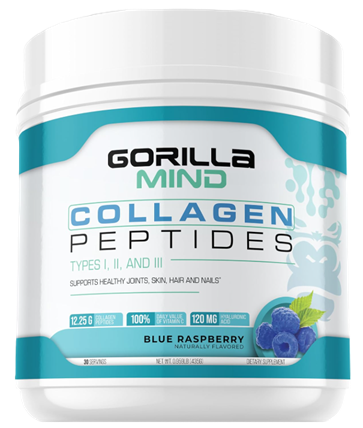 Gorilla Mind Collagen Peptides Blue Raspberry premium hydrolyzed collagen powder container for convenient daily hair, skin, nail, and joint support.