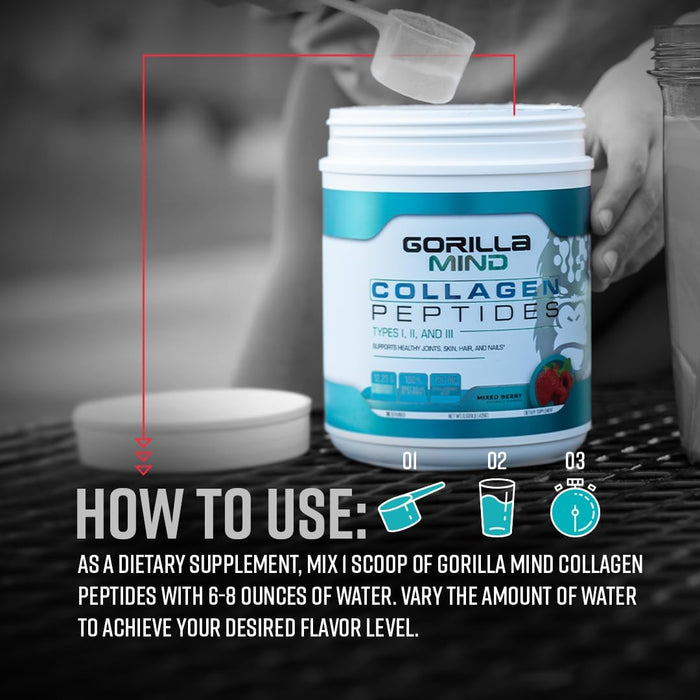 Gorilla Mind Collagen Peptides container with how-to-use instructions showing recommended daily serving and easy mixing directions.