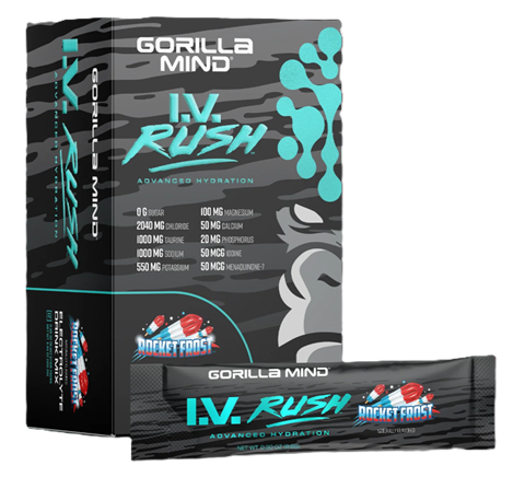 Gorilla Mind I.V. Rush electrolyte hydration powder Rocket Frost container for daily hydration and workout support.