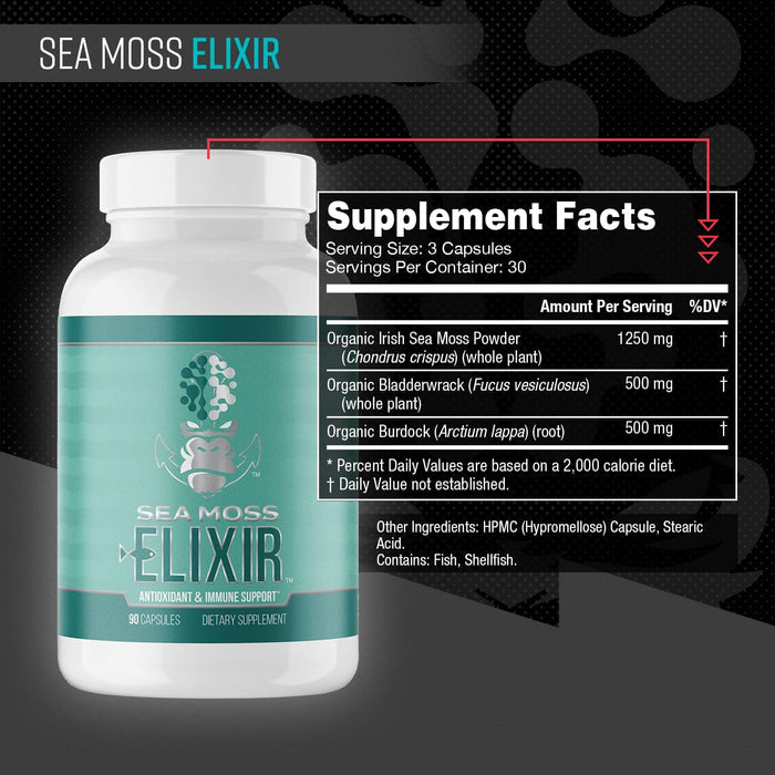Back label of Gorilla Mind Sea Moss displaying Supplement Facts, ingredients, directions, and nutrition information.