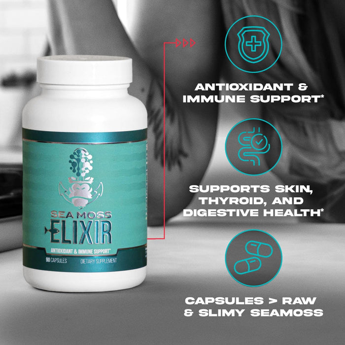 Gorilla Mind Sea Moss supplement bottle featuring Irish sea moss, bladderwrack, and burdock root for daily wellness and mineral support.