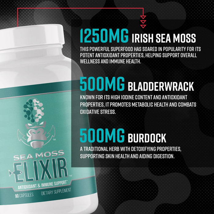 Gorilla Mind Sea Moss supplement highlighting 1250 mg Irish sea moss, 500 mg bladderwrack, and 500 mg burdock root per serving.