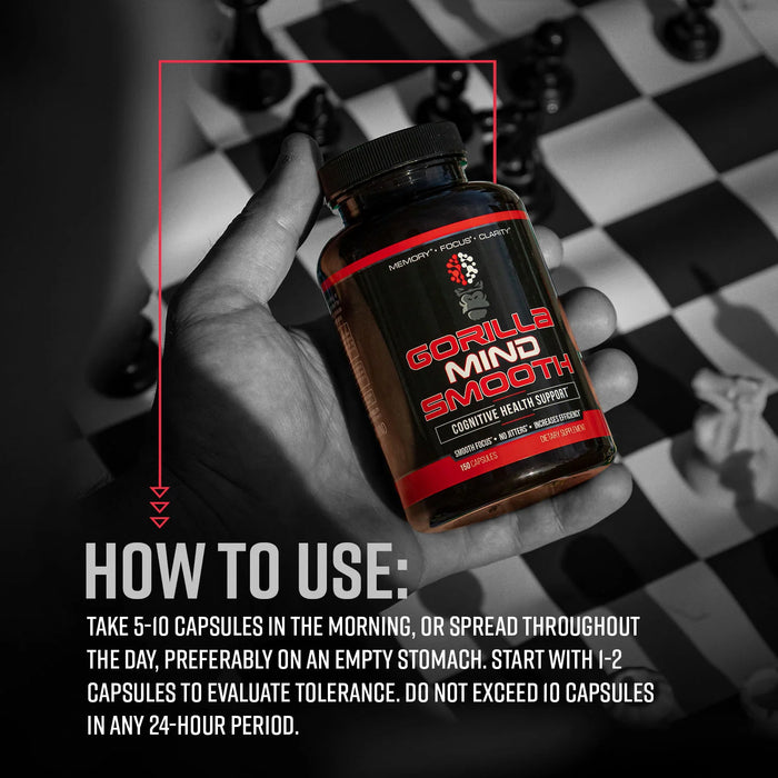 Gorilla Mind Smooth nootropic supplement bottle with suggested daily use instructions for cognitive performance and mental focus support.