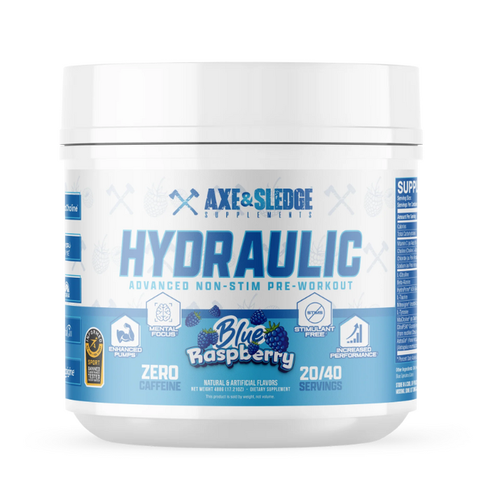 Axe and Sledge Hydraulic pump pre workout container front label Blue Raspberry