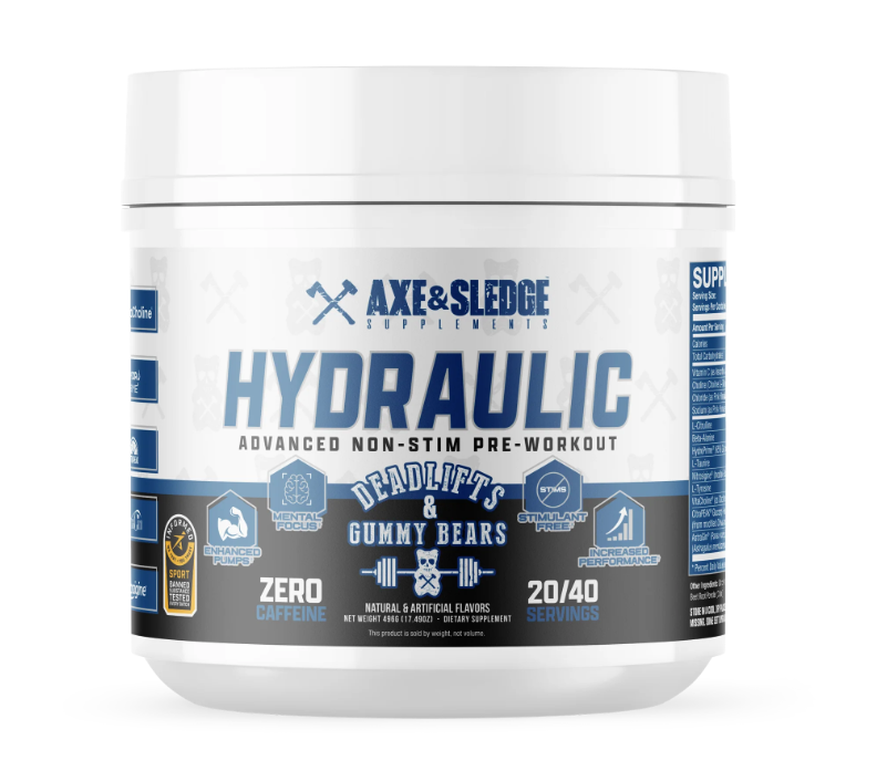 Axe and Sledge Hydraulic pump pre workout container front label Deadlifts and Gummy bears
