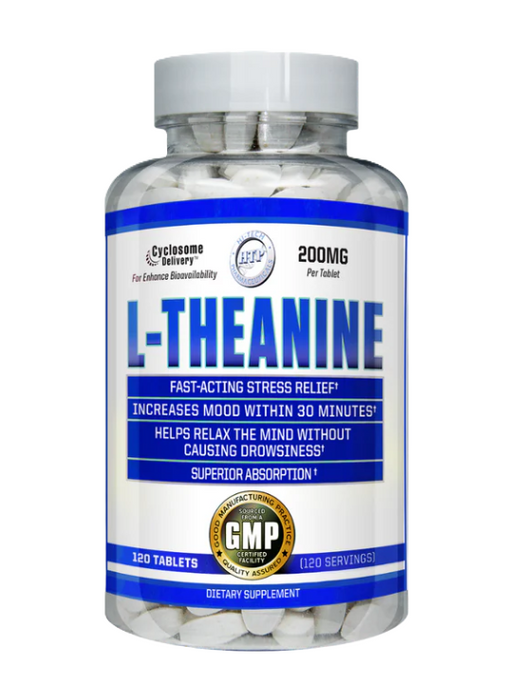 Hi-Tech Pharma L-Theanine supplement bottle front label featuring L-Theanine amino acid capsules for focus, relaxation, and daily wellness support