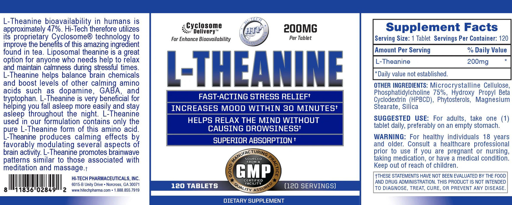 Hi-Tech Pharma L-Theanine supplement facts panel and ingredient label showing serving size, directions, and nutritional information