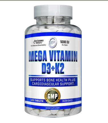 Hi-Tech Pharma Mega Vitamin D3 + K2 supplement bottle front label featuring Vitamin D3 and Vitamin K2 capsules for bone health, immune support, and daily wellness