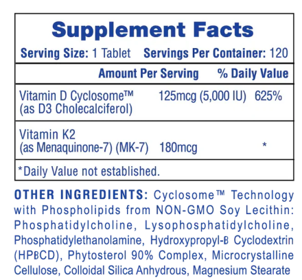 Hi-Tech Pharma Mega Vitamin D3 + K2 supplement facts panel and ingredient label showing serving size, directions, and nutritional information