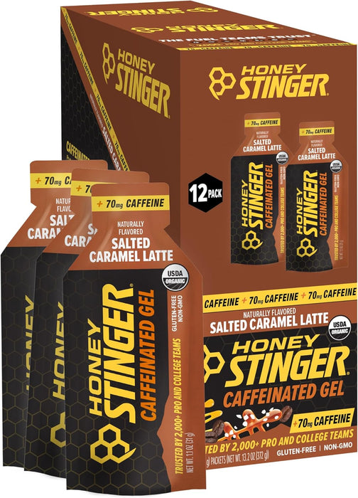 Honey Stinger Energy Gel Salted Caramel flavor packet providing portable sports nutrition and convenient energy for endurance athletes and long workouts