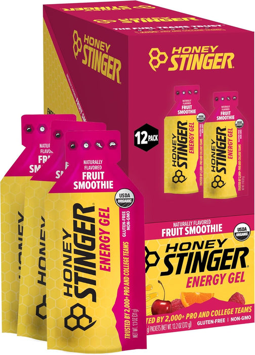 Honey Stinger Energy Gel Fruit Smoothie flavor packet designed to provide convenient portable energy for runners, cyclists, endurance athletes, and active lifestyles