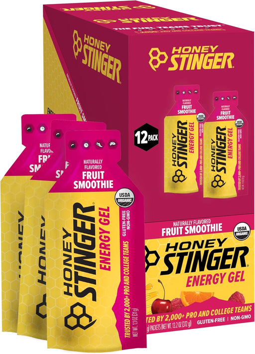Honey Stinger Energy Gel Fruit Smoothie flavor packet designed to provide convenient portable energy for runners, cyclists, endurance athletes, and active lifestyles
