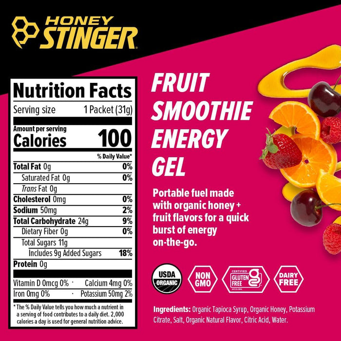 Honey Stinger Energy Gel Fruit Smoothie flavor packet designed to provide convenient portable energy for runners, cyclists, endurance athletes, and active lifestyles Back facts
