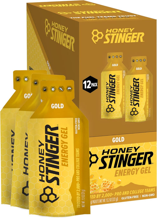 Honey Stinger Energy Gel Gold Honey flavor packet featuring honey-based energy fuel for endurance training, racing, cycling, and running performance