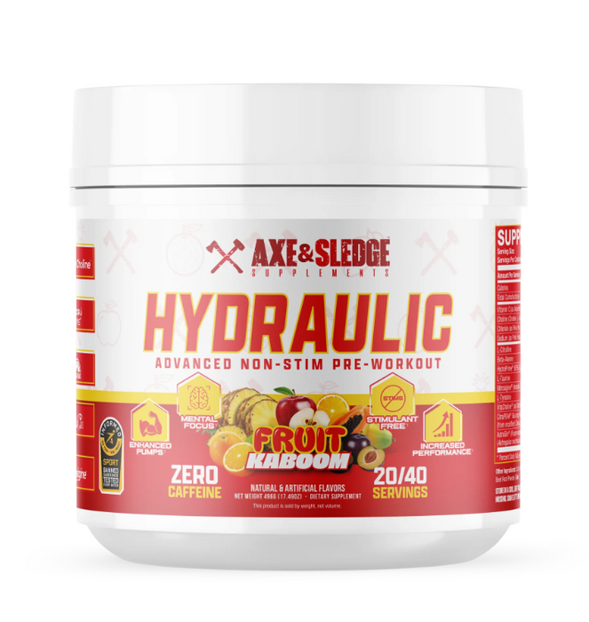 Axe and Sledge Hydraulic pump pre workout container front label Fruit Kaboom