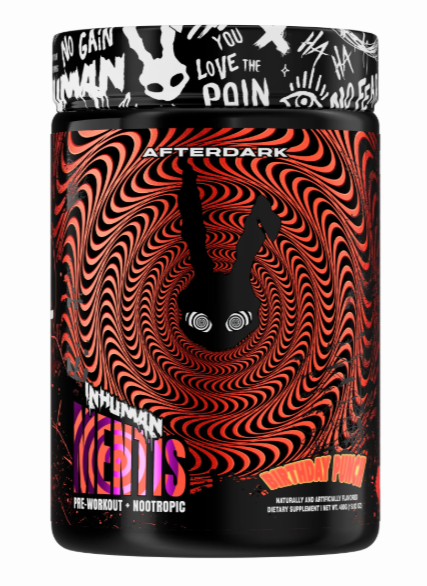 Afterdark InHuman Mentis pre-workout supplement container front label Birthday Punch 30 Servings
