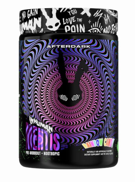 Afterdark InHuman Mentis pre-workout supplement container front label 30 Servings Rainbow Candy