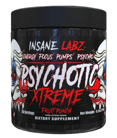 Insane Labz Psychotic Xtreme fruit punch pre workout supplement container front label 