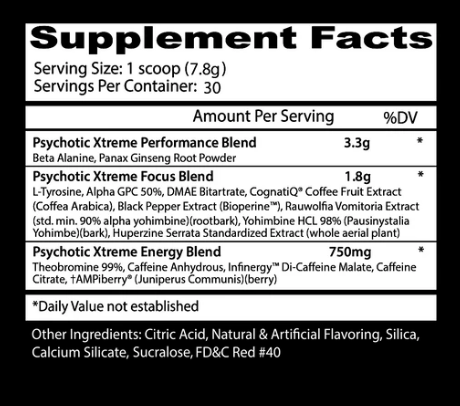 Insane Labz Psychotic Xtreme supplement facts high stim pre workout panel