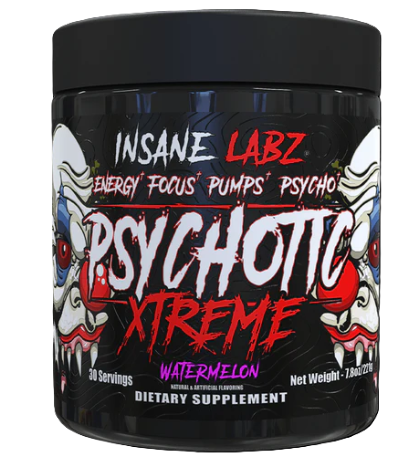 Insane Labz Psychotic Xtreme Watermelon 30 Servings pre workout supplement container front label