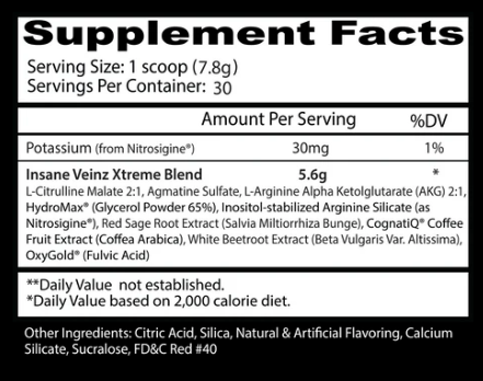 Insane Labz Insane Veinz Xtreme supplement facts nitric oxide pump formula panel