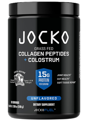 Jocko Fuel Collagen & Colostrum unflavored collagen peptide powder with bovine colostrum, 30 servings, front label.