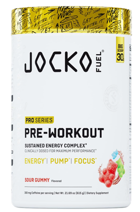 Jocko Fuel Pro Series Pre-Workout Sour Gummy flavored pre-workout powder front label, advanced energy, focus, endurance, and pump support.