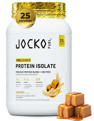 Jocko Fuel Pro Series Protein Isolate Caramel flavored whey protein powder front label with 25g of protein per serving.