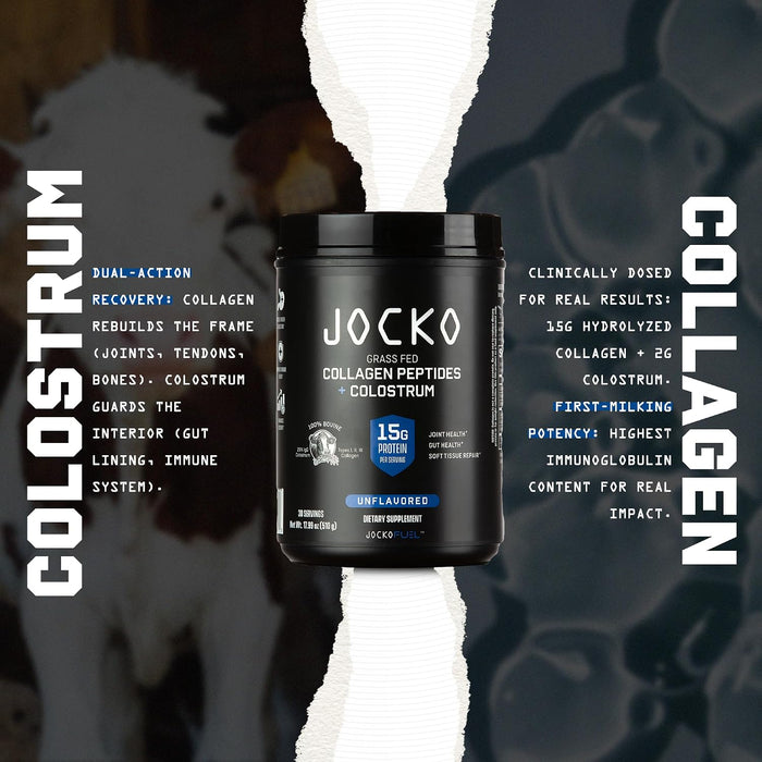 Jocko Fuel Collagen & Colostrum featuring premium collagen peptides and bovine colostrum for daily nutrition support.