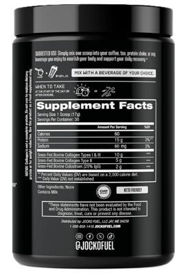 Jocko Fuel Collagen & Colostrum Supplement Facts panel showing serving size, collagen peptides, bovine colostrum, and ingredient information.