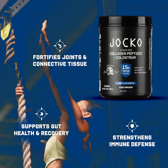 Jocko Fuel Collagen & Colostrum collagen peptide powder with bovine colostrum lifestyle image supporting daily wellness and active living.