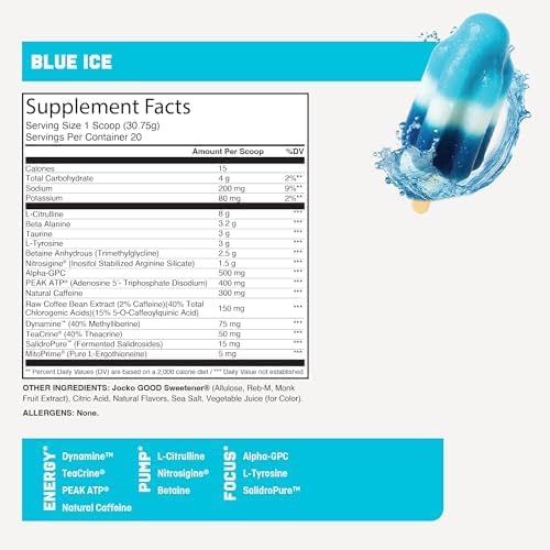 Jocko Fuel Pro Series Pre-Workout Blue Ice Supplement Facts panel showing ingredients, nutrition information, and directions for use.