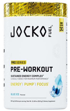 Jocko Fuel Pro Series Pre-Workout Blue Ice flavored pre-workout powder front label with advanced performance formula.