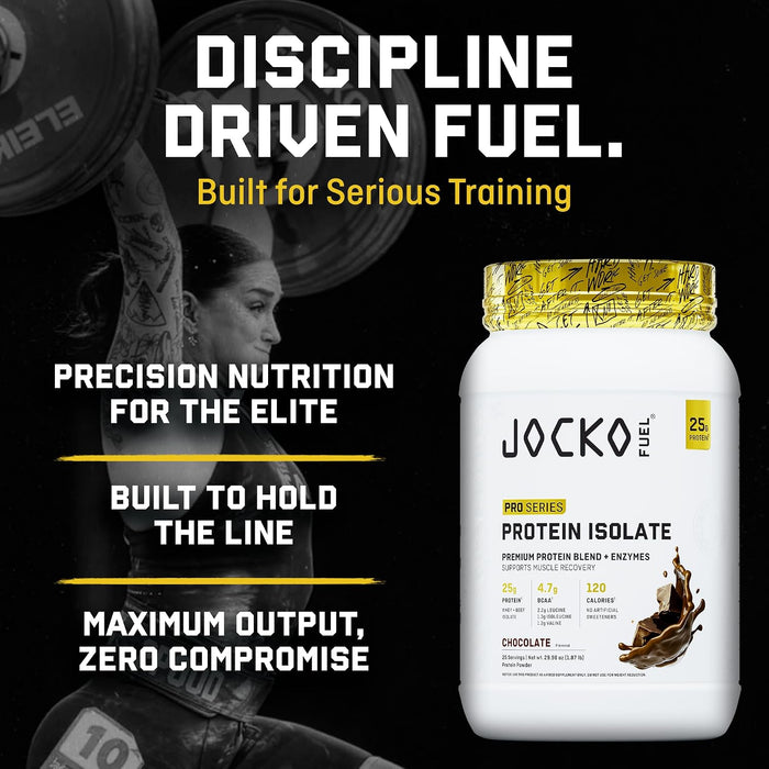 Jocko Fuel Pro Series Protein Isolate promotional graphic highlighting premium whey protein isolate, high protein content, and muscle recovery benefits.