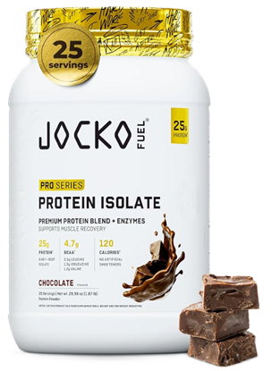 Jocko Fuel Pro Series Protein Isolate Chocolate flavored whey protein powder front label with 25g of protein per serving.